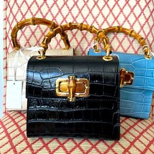 German Fuentes croc embossed leather bamboo handle bag